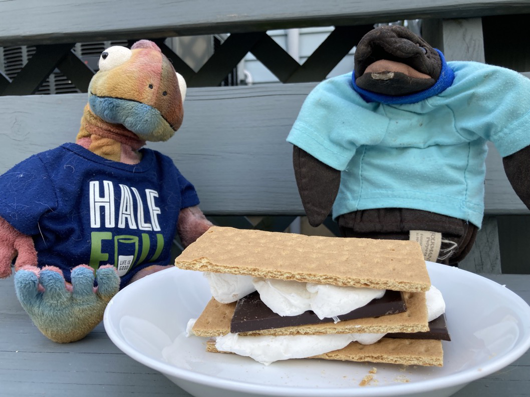 jellyman and paco next to a large s'more