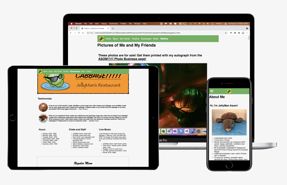 a laptop, tablet, and phone displaying jellymanandfriends.com homepage